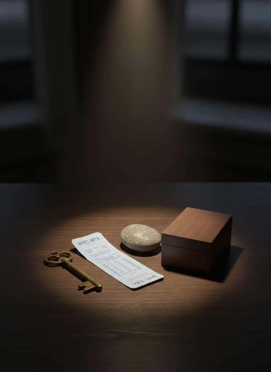 An abstract arrangement of everyday objects on a dark wooden table: a slightly worn key, a folded subway ticket, a smooth river stone, and a small, closed box with no markings. Each object is meticulously lit by a single, warm overhead lamp, casting precise, elongated shadows that intersect on the tabletop. The background falls into a soft blur of deep neutral tones, suggesting an intimate interior at night. Photographic realism with a slightly elevated angle, emphasizing symbolic relationships between the objects as metaphors for desire, memory, and the unconscious in contemporary urban life, with a subtle, sophisticated mood.
