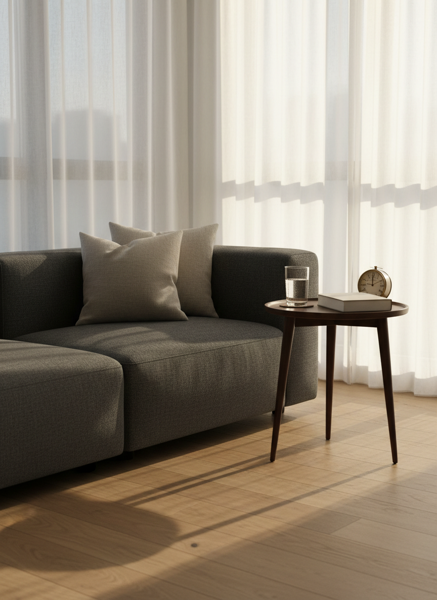 A contemporary living room corner without any people, featuring a low, charcoal-gray sofa with a single, slightly rumpled linen cushion, as if just vacated. On a nearby side table, a glass of water half-full, a closed hardcover book with no visible title, and a small analog clock showing an ambiguous hour. Late afternoon natural light enters through sheer curtains, creating soft, diagonal patterns on the wooden floor. Photographic realism, composed using the rule of thirds, with a calm yet slightly tense atmosphere that hints at recent conversation and psychic work, avoiding any therapy clichés or overt symbols.